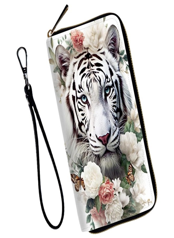 Mxfdegf Wristlet Wallet for Women Teen Girls RFID Blocking Credit Card Holder with Removable Wristlet, Leather Phone Wallet Clutch Large Capacity Ladies Travel Purse-White Tiger/Butterfly - Image 1